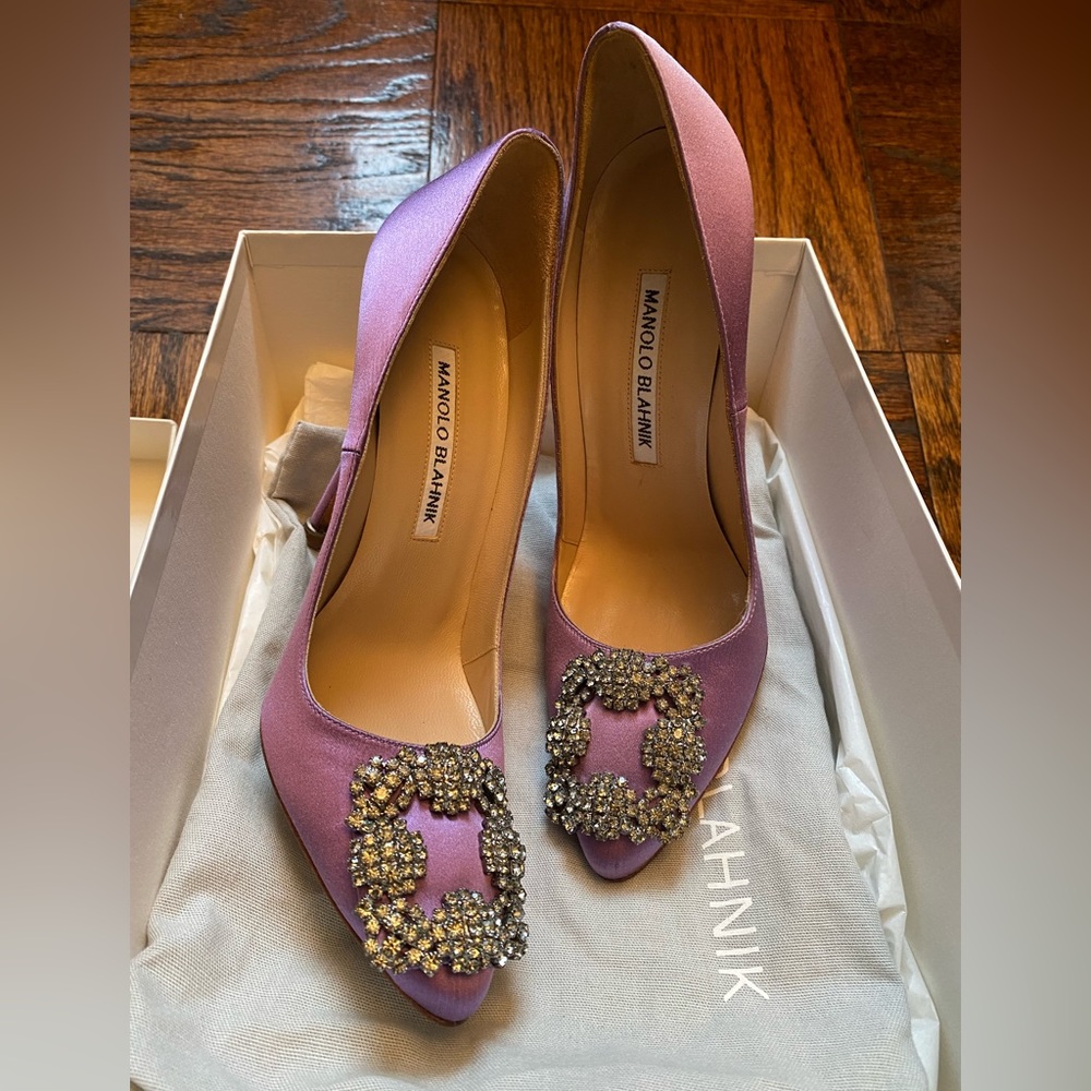Manolo Blahnik Purple Satin Jewel Buckle Pumps, 35,